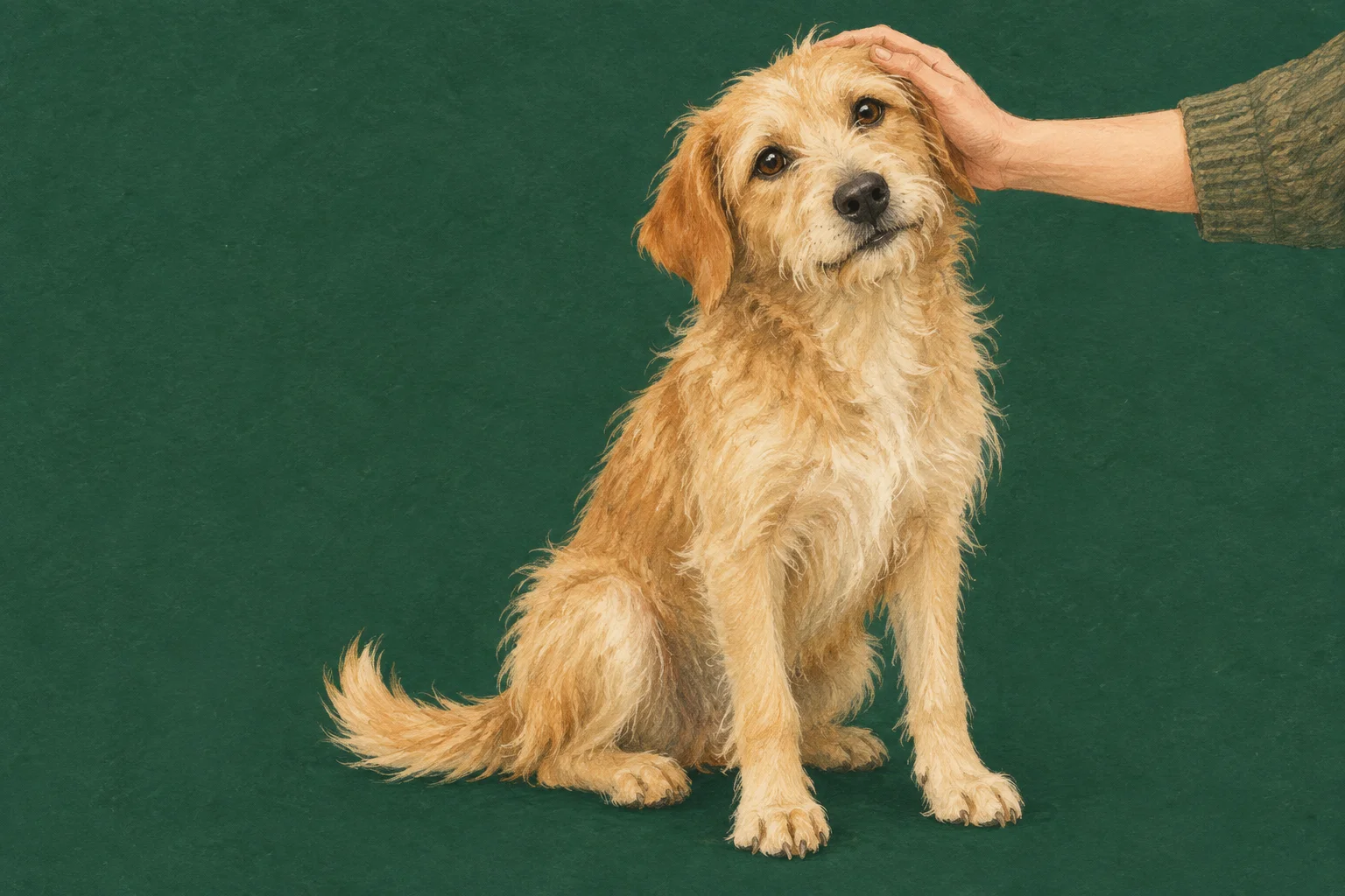 Illustration of a shaggy dog trustingly leaning into a human hand.